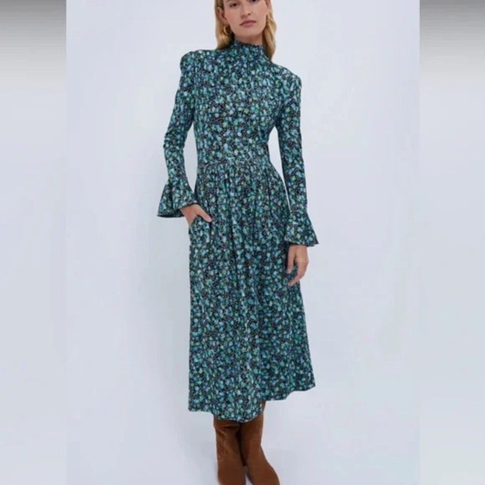 DE LORETA Pimienta Bell Sleeve Jazmin Floral Print Midi Dress Size Medium EUC